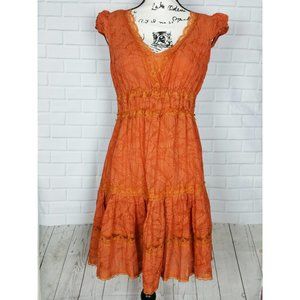 Sele Lace Trim Orange Cap Sleeves Dress Size M